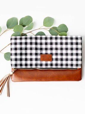 NWOT Funky Monkey Gingham Foldover Clutch in Black & White with Tan Base